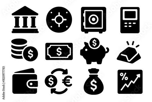 Banking Icons Collection. Solid style icons of Banking and finance: bank building, vault, safe box, ATM machine, coin stack,