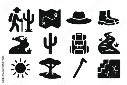 Desert Exploration Icons. Solid style icons of Desert Exploration: hiker near cactus, trail map, wide-brim hat, dry boots, desert