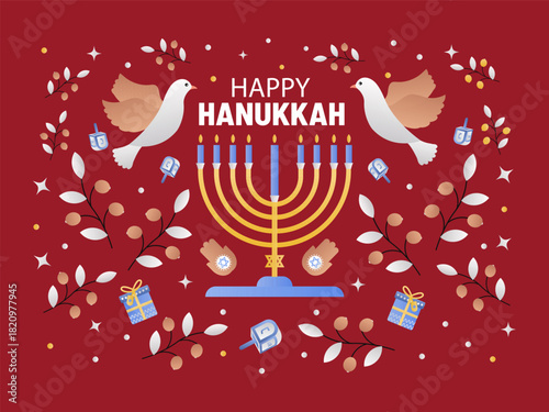 Abstract trendy Flat icon style pattern design, Menorah, candlestick with burning nine candles, dove bird and other jewish elements vector illustration.