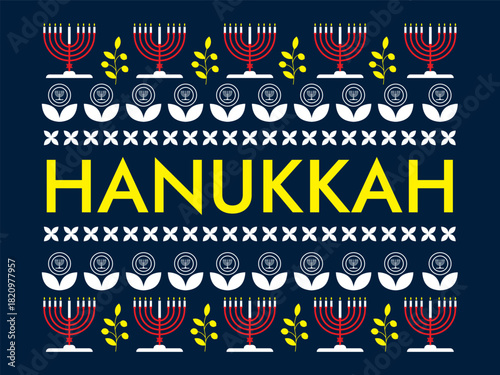 Abstract trendy Flat icon style pattern design, Menorah, candlestick with burning nine candles, dove bird and other jewish elements vector illustration.