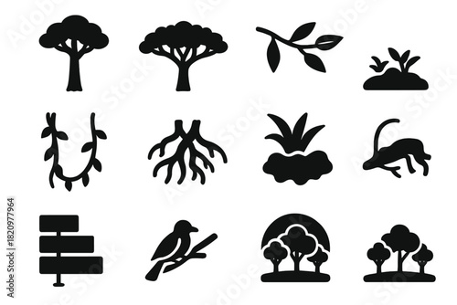 Rainforest Layer Icons. Solid style icons of Rainforest layers: emergent tree, upper canopy, understory branch, forest floor,