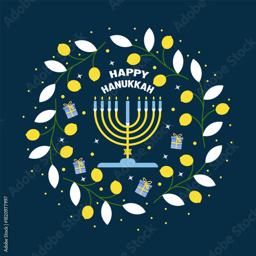 Abstract trendy Flat icon style pattern design, Menorah, candlestick with burning nine candles, dove bird and other jewish elements vector illustration.