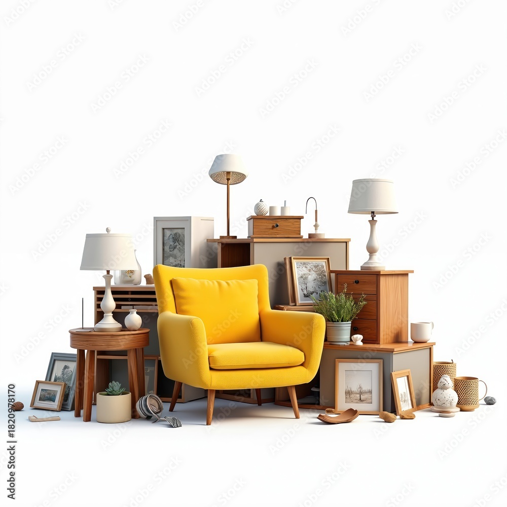 Fototapeta premium Yellow armchair, side tables, lamps, framed art arranged in clutter. Elements suggest home decor, room setup, moving day preparation. Includes potted plant, various decorative items, creating sense