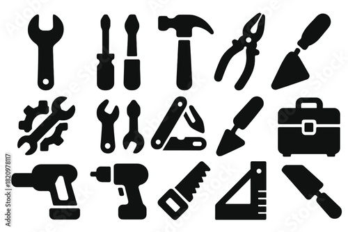 Solid Tool Icons. Solid style icons of Tools: wrench, screwdriver, hammer, pliers, gear tool, spanner, multitool, trowel, toolbox,