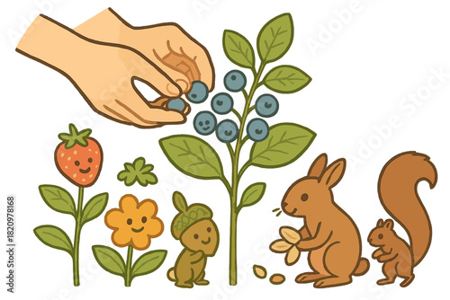 Ethical Forest Harvest. Ethical harvesting forest with hands gently picking berries, plants smiling, and animals carrying extra