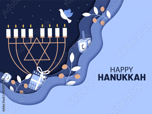 Happy Hanukkah Festival celebration paper cut origami art concept design vector illustration.