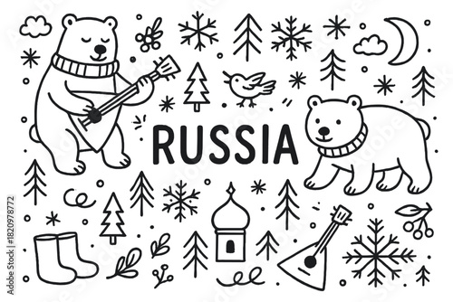 Bear is playing a guitar and the word Russia is written below it