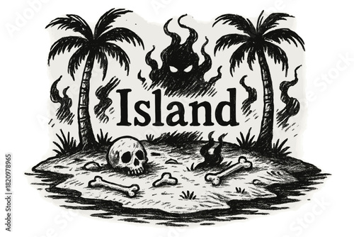 Skull and bones are on a beach with palm trees in the background