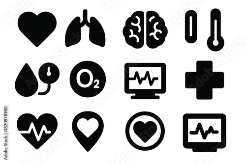 Life Signs Icons. Solid style icons of Life signs: heart symbol, lungs breathing, brain activity, body temperature, blood pressure