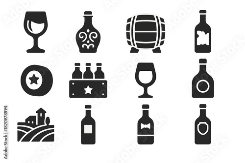 Luxury Wine Icons. Solid style icons of Luxury wine: crystal wine glass, ornate bottle, vintage barrel, aged wine, golden cork,