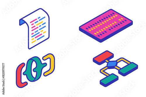 Forgotten Languages Icons. Isometric vector illustration set Forgotten Programming Languages: ALGOL listing on paper, SNOBOL punch
