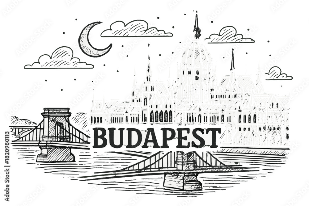 Fototapeta premium Drawing of Budapest with a bridge and a castle
