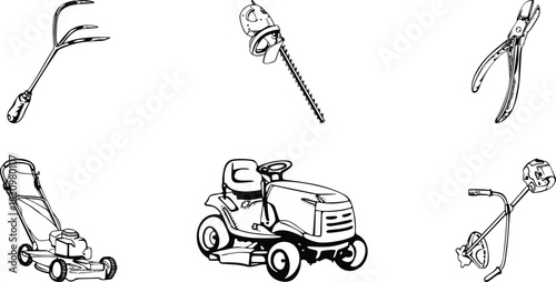 Gardening tools lawn care equipment landscaping maintenance yard work outdoor power tools hedge trimmer lawnmower tractor weed eater cultivator pitchfork pruners agriculture horticulture