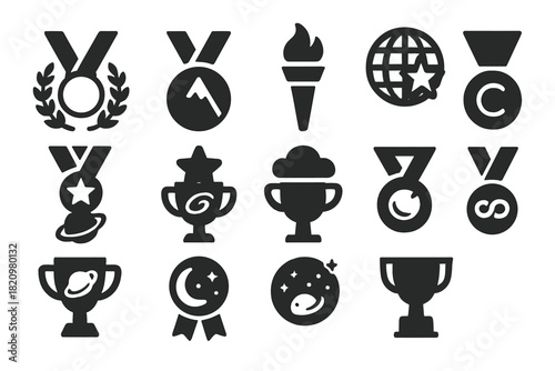 Iconic Prizes Icons. Solid style icons of Iconic prizes: laurel crown medal, mountain peak ribbon, torch of honor, world champion