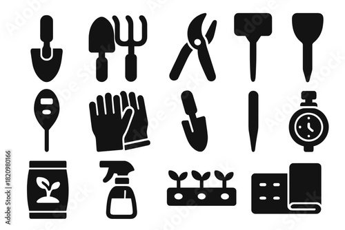 Gardening Tools Icons. Solid style icons of Gardening tools for greenhouse care: trowel, hand fork, pruner, plant marker, soil