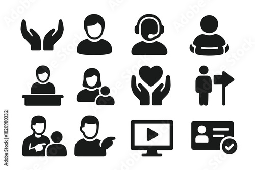 Support Icons Collection. Solid style icons of Support: helping hands, support person, chat headset, user with lifebuoy, service