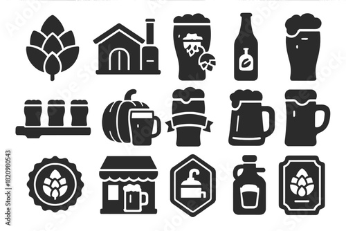 Craft Beer Icons. Solid style icons of Craft beer: hop emblem, small brewery, pint with hops, artisan bottle, tasting flight,