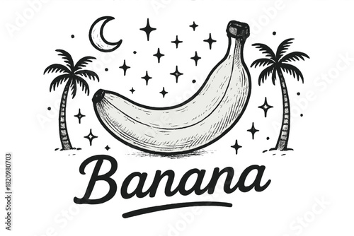 Banana is the main focus of the image, with a palm tree