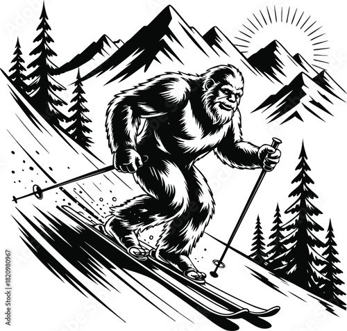 Black and white illustration of a skier descending a snowy mountain t-shirt design