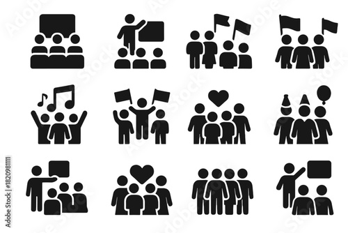Event Icons Collection. Solid style icons of Events and gatherings: conference audience, seminar group, workshop participants,