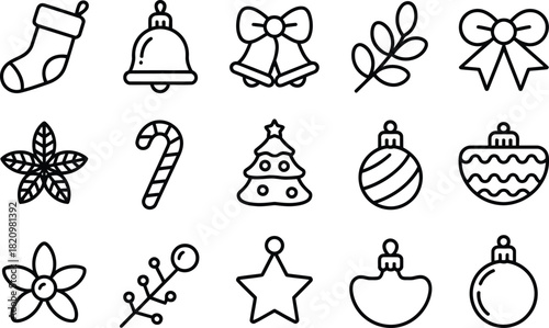 Charismatic Holiday Icon Set in Clean Line Art Style – Minimal Festive Outline Vector