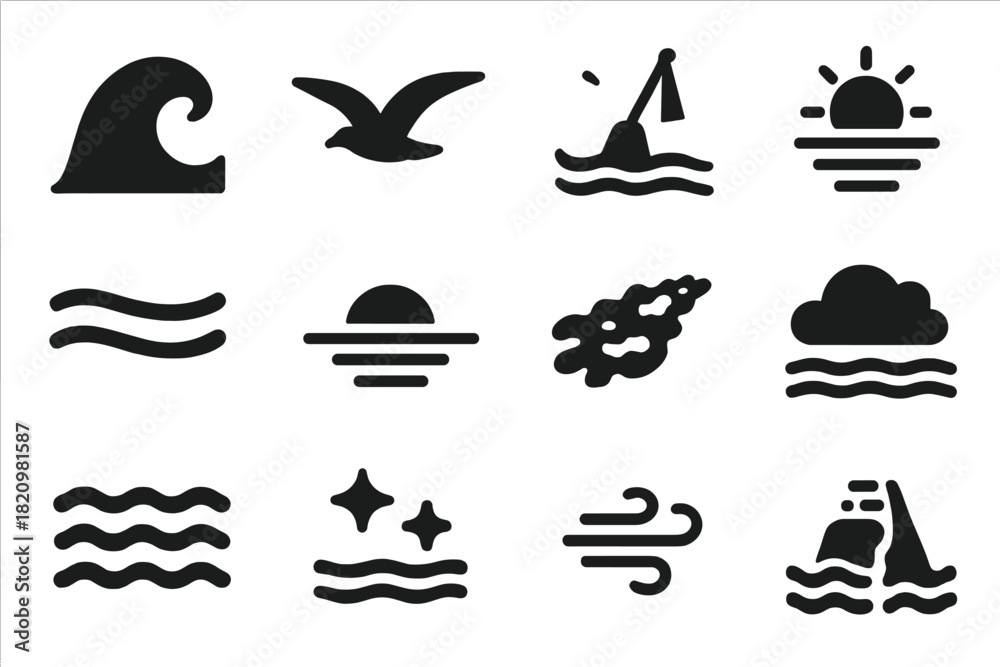Naklejka premium Ocean Elements Icons. Solid style icons of Ocean Elements: wave crest, seagull, floating buoy, sun reflection, water current,