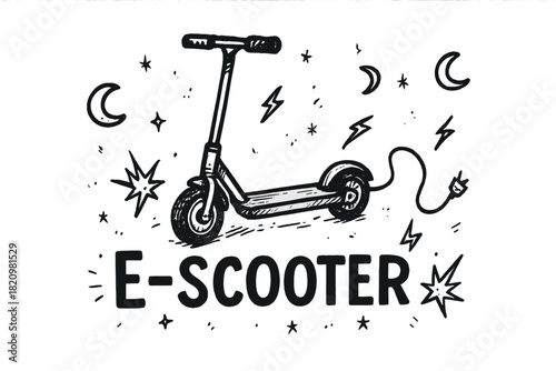 Black and white drawing of a scooter with the word e-scooter written below it