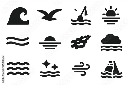 Ocean Elements Icons. Solid style icons of Ocean Elements: wave crest, seagull, floating buoy, sun reflection, water current,