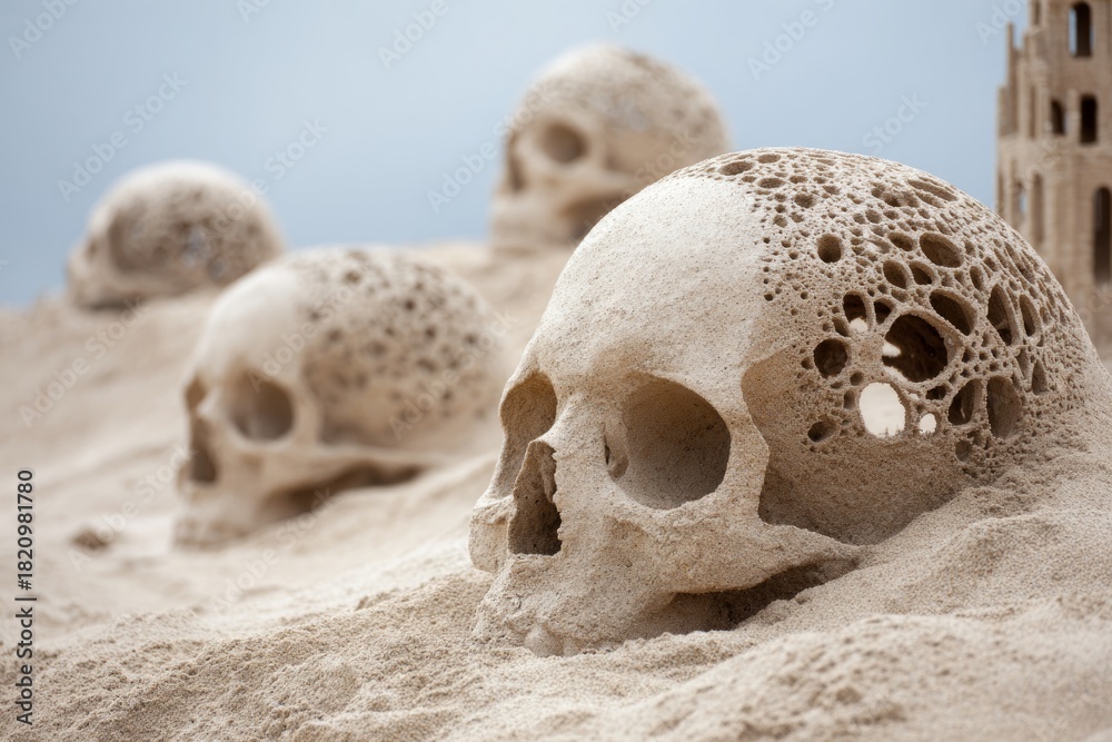 Obraz premium Neurotransmitter Sand Sculptures on Skeletal Beach: Craft neurotransmitter sand sculptures along a skeletal shore.