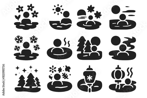 Seasonal Springs Icons. Solid style icons of Seasonal Springs: spring bloom bath, summer soak, autumn leaves pool, winter snow
