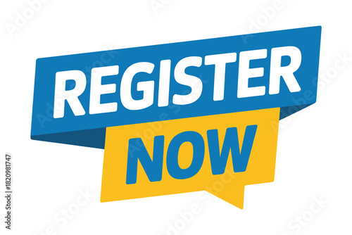 A blue and yellow banner with the words "REGISTER NOW" written in white and yellow text, respectively, is displayed against a white background.