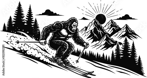 Bigfoot skiing down a snowy mountain with a sunburst behind him t-shirt design