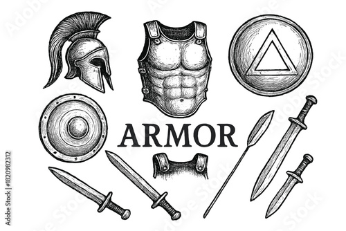 Drawing of a warrior's armor and weapons with the word "armor" written below