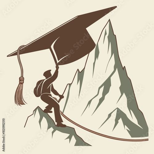 Student climber conquers mountain peak holding graduation cap symbolizing academic achievement and success