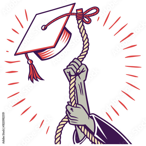 Graduation cap hanging from a noose held by a fist symbolizing the struggle and challenges of higher education