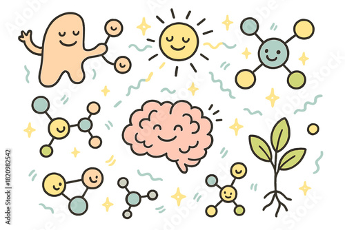 Whimsical Quantum Biology. Whimsical doodle quantum biology overview with happy enzymes, smiling photons, cartoon molecules