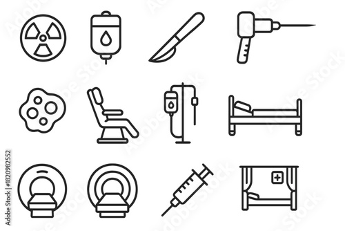Cancer Therapy Icons. Line style icons of cancer treatment: radiation symbol, chemo bag, surgical scalpel, cryo applicator; tumor