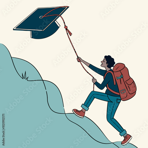 Person climbing a steep hill using a graduation cap on a rope as a climbing aid