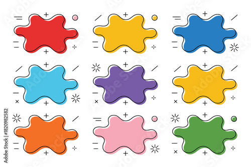 A collection of nine colorful, abstract blobs with decorative lines and sparkles, arranged in a 3x3 grid for graphic design elements.