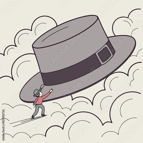 Tiny person in a hat reaching up towards a giant hat floating in the clouds