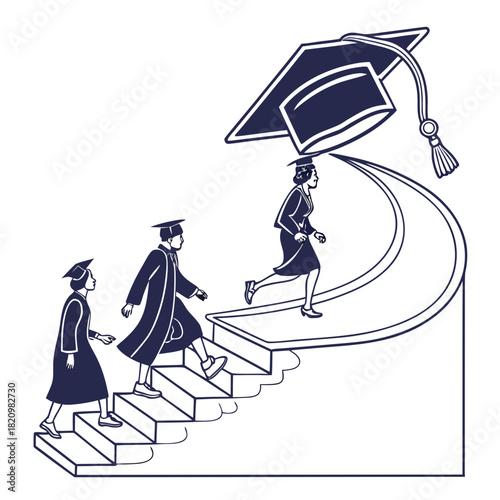 Graduates in academic regalia ascend stairs towards a large graduation cap symbolizing educational achievement and future success