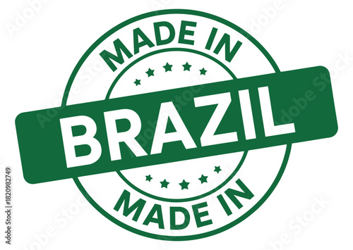 A circular stamp reads 'MADE IN BRAZIL' in bold green lettering on a white background, indicating the origin of a product.