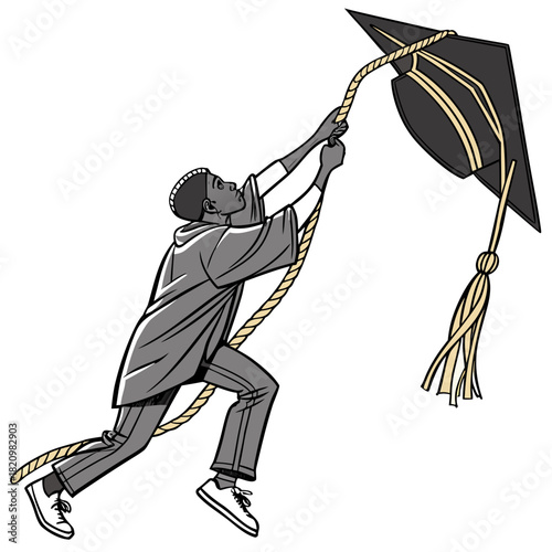 Student in graduation gown pulling a cap with a rope symbolizing achievement and success