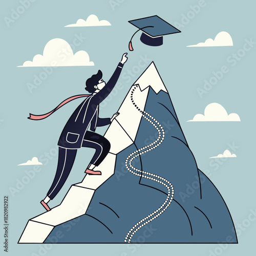 Determined student climbs steep mountain peak to reach graduation cap symbolizing academic achievement
