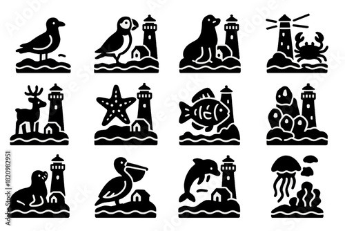 Coastal Wildlife Icons. Solid style icons of Coastal wildlife around lighthouses: seagull, puffin, sea lion, crab, coastal deer,