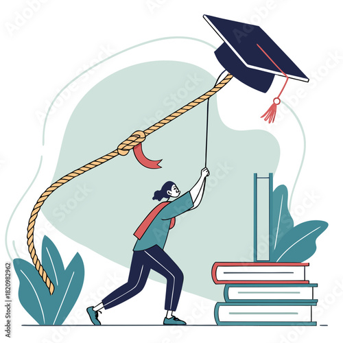 Student pulling graduation cap with rope symbolizing achieving academic success and higher education goals