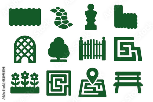 Garden Maze Icon. Solid style icons of Garden Maze: green hedge, gravel walkway, center sculpture, corner turn, arched trellis,