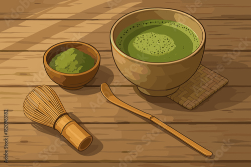 Matcha Tea Ceremony. Rustic wooden table vector illustration with a traditional matcha tea ceremony setup, illuminated by soft