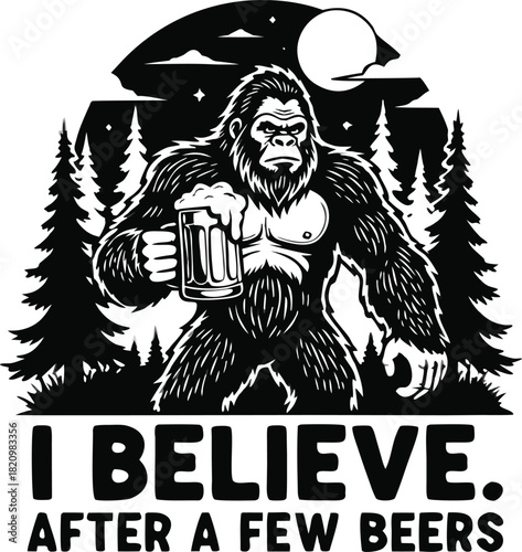 Bigfoot holding a beer mug in a forest scene t-shirt design