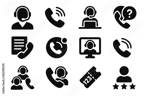 Call Center Icons. Solid style icons of call center and support: headset agent, support phone, help desk icon, FAQ call, call